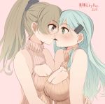  2015 2girls aqua_eyes bare_shoulders blue_eyes blush breasts brown_hair cleavage cleavage_cutout food from_side green_eyes hair_ornament hairclip highres hug kantai_collection kumano_(kantai_collection) long_hair looking_at_another multiple_girls pink_background pocky ponytail simple_background smile suzuya_(kantai_collection) sweater_vest tbd11 turtleneck upper_body yuri 