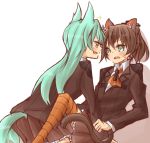  2girls animal_ears aul brown_hair cat_ears cat_tail dog_ears dog_tail green_eyes green_hair kantai_collection kumano_(kantai_collection) long_hair multiple_girls pleated_skirt school_uniform short_ponytail skirt suzuya_(kantai_collection) sweatdrop tail thigh-highs yellow_eyes 