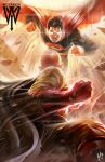  2boys bald battle black_hair bodysuit cape ceasar_ian_muyuela clenched_hand crossover dc_comics dust gloves glowing glowing_eyes multiple_boys onepunch_man punching red_eyes red_gloves saitama_(onepunch_man) superman 