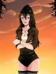  1girl :d beifeng_han belt black_hair breasts cleavage cross cross_necklace crossed_arms hair_between_eyes hat jacket long_hair miyaura_sanshio open_mouth original ponytail short_shorts shorts smile solo studded_belt sunset thigh-highs violet_eyes 