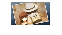  2girls aged_down black_hair blue_eyes blunt_bangs brown_hair child dress fence game_cg grass hat highres huke leaning leaning_forward long_hair looking_at_another medium_hair multiple_girls non-web_source official_art outdoors photo_(object) shiina_kagari shiina_mayuri shirt spoilers standing steins;gate steins;gate_0 transparent_background white_shirt 