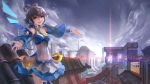  1girl absurdres black_hair breasts cleavage clouds detached_sleeves green_eyes highres landscape lens_flare long_hair luo_tianyi renyu1012 rooftop smile solo thigh-highs vocaloid 