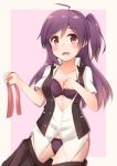  1girl :d absurdres ahoge black_skirt black_vest blush bra breasts brown_eyes cleavage collarbone collared_shirt hagikaze_(kantai_collection) highres holding kantai_collection kapatarou lingerie long_hair looking_at_viewer open_mouth panties pleated_skirt purple_background purple_bra purple_hair purple_panties red_ribbon ribbon shirt short_sleeves side_ponytail simple_background skirt skirt_pull smile solo unbuttoned underwear undressing vest white_shirt yellow_border 