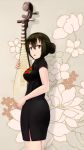  1girl beifeng_han biwa_lute black_hair chinese commentary_request flower hair_between_eyes hair_bun instrument long_hair looking_at_viewer lute_(instrument) miyaura_sanshio open_mouth original peony_(flower) side_slit simple_background solo violet_eyes white_background 