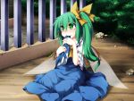  1girl clothes_biting daiyousei dress eating fairy_wings green_eyes green_hair long_hair outdoors ribbon sasasa_(nashi) side_ponytail sitting solo touhou wings 