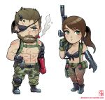  1boy 1girl abs alejandro_tio assault_rifle asymmetrical_clothes beard black_boots black_gloves blue_eyes boots breasts brown_hair camouflage camouflage_pants cigar cleavage eyepatch facial_hair fingerless_gloves front-tie_bikini front-tie_top gloves green_eyes green_gloves gun mechanical_arm metal_gear_(series) metal_gear_solid_v muscle pants pantyhose ponytail pouch quiet_(metal_gear) rifle scar scar_across_eye smoke torn_clothes torn_pantyhose venom_snake weapon 