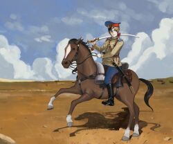  1girl blue_pants bow brown_hair brown_jacket clouds cossack day grin hair_bow hat holding holding_sword holding_weapon horse imperial_russian_army jacket katyusha_(98269886) load_bearing_equipment looking_to_the_side military original outdoors pants peaked_cap red_bow riding russia russian_empire russian_text shashka shoulder_boards sitting sky smile steppe sword tail teeth weapon world_war_i 