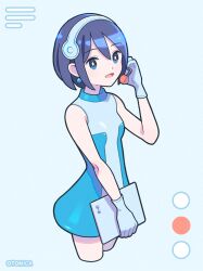  1girl absurdres bare_shoulders blue_dress blue_eyes blue_hair cropped_legs cyber_fashion dress earrings frutiger_aero gloves headphones headset highres holding jewelry looking_at_viewer open_mouth original otomica short_hair simple_background solo white_gloves y2k_fashion 