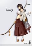  1girl absurdres akagi_(kantai_collection) alternate_costume arrow bow_(weapon) brown_eyes brown_hair cowinsky highres japanese_clothes kantai_collection long_hair looking_at_viewer midriff skirt solo weapon 