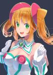  1girl :d blonde_hair blush breasts cleavage gloves green_eyes hacka_doll hacka_doll_1 long_hair looking_at_viewer open_mouth smile solo touboku twintails 