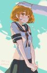  1girl bandaid blush breasts clouds dated hand_on_another&#039;s_head kantai_collection light_brown_eyes light_brown_hair oboro_(kantai_collection) out_of_frame pleated_skirt school_uniform serafuku short_hair skirt sky solo_focus torminal twitter_username v_arms 