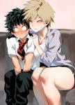  1boy 1girl age_difference arm_between_breasts bakugou_mitsuki blonde_hair blush boku_no_hero_academia breast_press breasts cardigan cleavage collared_shirt echigoya_takeru freckles green_eyes green_hair half-closed_eyes hand_on_another&#039;s_shoulder large_breasts legs mature midoriya_izuku naughty_face nervous pants pink_lips red_eyes red_neckwear school_uniform shirt short_hair sitting skirt smile sweatdrop thick_thighs thighs wide-eyed 