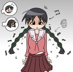 >_< 3girls anger_vein angry azumanga_daioh azumanga_daioh's_school_uniform black_hair braid breasts chihiro_(azumanga_daioh) clenched_hands farhan_melukis grenade_hair_ornament kaori_(azumanga_daioh) long_hair looking_at_viewer maroon_skirt midriff_peek multiple_girls pink_shirt pleated_skirt pout rachel_handlebarz scared school_uniform shirt skirt sweatdrop twin_braids white_sleeve_cuffs 