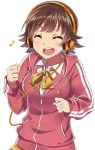  1girl :d ^_^ brown_hair closed_eyes female headphones honda_mio hooded_track_jacket idolmaster idolmaster_cinderella_girls musical_note open_mouth school_uniform short_hair smile solo wagashi928 