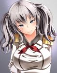  1girl breasts buttons epaulettes gloves grey_hair highres jacket kantai_collection kashima_(kantai_collection) kerchief large_breasts sidelocks solo takamichis211 twintails wavy_hair 