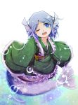  1girl blue_eyes blue_hair blush bubble drill_hair head_fins japanese_clothes kimono kuromochi_(qkbhf073) long_sleeves looking_at_viewer mermaid monster_girl obi one_eye_closed open_mouth sash smile solo touhou underwater wakasagihime wide_sleeves 