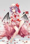  1girl absurdres ascot bad_feet bat_wings blurry fang flower full_body gradient gradient_background hat hat_ribbon highres lavender_hair mangata mob_cap open_mouth petals puffy_sleeves red_eyes remilia_scarlet ribbon rose sash shirt short_hair short_sleeves sitting skirt solo touhou wings 