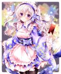  1girl apron cellphone cowboy_shot dress flower frilled_apron frilled_dress frills hair_flower hair_ornament hairband holding long_hair looking_at_viewer nogi_takayoshi original pantyhose phone silver_hair sleeves_past_wrists smartphone solo twintails violet_eyes wavy_hair white_hair wide_sleeves 