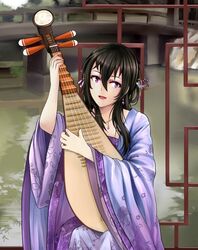  1girl :d beifeng_han biwa_lute black_hair bridge chinese_clothes dress earrings flower flower_request hair_between_eyes hair_flower hair_ornament hanfu instrument jewelry long_hair looking_at_viewer lute_(instrument) miyaura_sanshio murasaki_sansei necklace open_mouth original purple_dress smile solo violet_eyes 