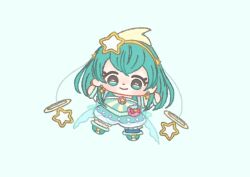  1girl anklet antennae aqua_background aqua_boots aqua_dress aqua_eyes aqua_hair aqua_theme aqua_wrist_cuffs back_bow bag_bow blue_bow blue_pantyhose boots bow brooch bubble_skirt chibi closed_mouth commentary cure_milky dot_nose dress earrings eyelashes frilled_dress frilled_wrist_cuffs frills grey_sleeves hagoromo_lala hair_ornament hairband happy ichigo_usuhana jewelry light_blush long_hair looking_at_viewer magical_girl outstretched_arms pantyhose pink_bag pink_bow precure shooting_star_hair_ornament short_dress short_sleeves simple_background single_bare_leg single_leg_pantyhose skirt smile solo star_(symbol) star_earrings star_hair_ornament star_twinkle_precure tareme waist_bag wrist_cuffs yellow_hairband 