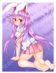  1girl animal_ears barefoot blush breasts bunny_tail covered_nipples highres long_hair looking_at_viewer looking_back purple_hair rabbit_ears red_eyes reisen_udongein_inaba skirt solo tail tongue tongue_out touhou unushi 