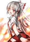  1girl absurdres amamitsu_kousuke blush colored fang fire fujiwara_no_mokou hair_ornament hair_ribbon highres looking_at_viewer open_mouth pants ponytail red_eyes ribbon shirt short_sleeves silver_hair sketch smile solo torn_clothes torn_sleeves touhou white_background wrist_cuffs 