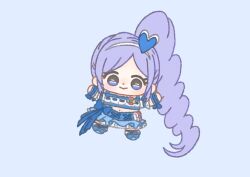  1girl absurdly_long_hair aono_miki blue_background blue_boots blue_bow blue_eyes blue_skirt blue_theme blue_thighhighs boots bow bow_skirt brooch chibi closed_mouth clover clover_brooch cropped_shirt cross-laced_clothes cross-laced_skirt cure_berry dot_nose earrings eyelashes eyes_visible_through_hair four-leaf_clover fresh_precure! frilled_skirt frilled_wristband frills hair_ornament hairband happy heart heart_earrings heart_hair_ornament high_side_ponytail ichigo_usuhana jewelry knee_boots light_blush long_hair looking_at_viewer magical_girl midriff miniskirt navel outstretched_arms precure puffy_short_sleeves puffy_sleeves purple_hair ribbon-trimmed_shirt ribbon_trim shirt short_sleeves simple_background skirt smile solo square_neckline tareme thigh-highs very_long_hair waist_bag wavy_hair white_bag white_hairband white_shirt wrist_bow 