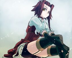  1girl black_gloves black_thighhighs elbow_gloves gloves izayoi_aki looking_at_viewer nonoji_(nonoji1215) panties red_hair ribbed_panties ribbed_sleeves ribbed_sweater ribbed_thighhighs short_hair solo sweater thigh-highs thigh_strap underwear yu-gi-oh! yu-gi-oh!_5d&#039;s 