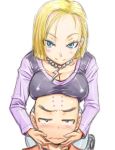  1boy 1girl amania_orz android_18 bald blonde_hair blue_eyes blush breast_rest breasts breasts_on_head cleavage couple dragon_ball dragon_ball_z embarrassed height_difference hetero husband_and_wife kuririn smile 