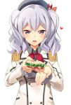  1girl absurdres ascot blush breasts buttons epaulettes feeding food frilled_sleeves frills grey_eyes grey_hair hair_ribbon hat heart highres jacket kantai_collection kashima_(kantai_collection) kerchief large_breasts long_hair looking_at_viewer open_mouth pov pov_feeding ribbon sandwich shizuka_(deatennsi) sidelocks simple_background smile solo tsurime twintails wavy_hair white_background 