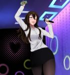  1girl :d alcohol beer beifeng_han black_hair dress_shirt female hair_between_eyes karaoke long_hair microphone miyaura_sanshio office_lady one_eye_closed open_mouth original pantyhose pencil_skirt shirt skirt smile solo violet_eyes 