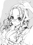  1girl arm_up braid elf endou_okito glasses greyscale hair_intakes japanese_clothes kimono looking_at_viewer monochrome obi parted_lips pointy_ears sash solo twin_braids 