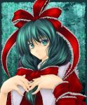  1girl bow commentary_request dress frills front_ponytail green_eyes green_hair hair_bow hair_ornament hair_ribbon hands_on_own_chest kagiyama_hina looking_at_viewer open_mouth red_dress ribbon shimada_(simada_bu) solo touhou upper_body 