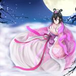  1girl beifeng_han black_hair chang&#039;e dress flower flower_request full_moon hair_between_eyes hair_flower hair_ornament hair_rings long_hair miyaura_sanshio moon night original pink_dress pink_rose purple_rose rabbit rose smile solo tree violet_eyes 