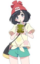  1girl bag beanie black_bag black_hair blush bracelet bright_pupils coconut_cup commentary cutefires drinking drinking_straw eyelashes green_shorts hat holding jewelry pokemon pokemon_sm red_hat selene_(pokemon) shirt short_sleeves shorts shoulder_bag simple_background solo tied_shirt undershirt white_background white_pupils yellow_shirt z-ring 