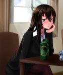 1girl beer_can beifeng_han black_hair chair curtains drunk hair_between_eyes jewelry long_hair miyaura_sanshio necklace office_lady original pantyhose parted_lips pencil_skirt sitting skirt solo table violet_eyes window 
