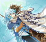  2boys barufoa blush cloak feathers gloves hug male_focus mikleo_(tales) multiple_boys open_mouth ponytail ruins short_hair sorey_(tales) staff tales_of_(series) tales_of_zestiria violet_eyes white_hair 