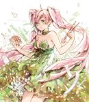  1girl :t ahoge artist_name bare_arms breasts character_name choker chopsticks cleavage commentary dress eating empew food garlic green_dress green_eyes hatsune_miku holding kimchi leaf lettuce long_hair meat onion pink_hair plate pork solo strapless_dress twintails very_long_hair vocaloid 