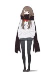  1girl black_legwear brown_hair full_body grey_eyes hands_in_pockets long_hair looking_at_viewer original pantyhose pleated_skirt ribbon scarf simple_background skirt solo white_background youcapriccio 