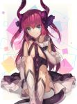  1girl asymmetrical_horns blue_eyes boots claws demon_horns demon_tail detached_sleeves dress fate/extra fate/extra_ccc fate_(series) frilled_skirt frills hair_ribbon horns lancer_(fate/extra_ccc) long_hair looking_at_viewer pink_hair ribbon sitting skirt smile solo tail two_side_up tyokoa4649 