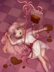  1girl :d barefoot checkered checkered_floor chocolate commentary_request daiyou-uonome dress hair_ribbon intravenous_drip lying on_back open_mouth original pink_hair ribbon smile solo syringe two_side_up valentine violet_eyes white_dress 