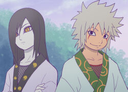  2boys black_eyes black_hair blue_sky closed_mouth grey_hair japanese_clothes jiraiya_(naruto) long_hair makidsume male_focus multiple_boys naruto_(classic) naruto_(series) orochimaru_(naruto) outdoors sky slit_pupils smile tree yellow_eyes 
