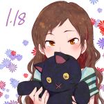  1girl brown_eyes brown_hair idolmaster idolmaster_million_live! kitazawa_shiho kyouno long_hair lowres solo stuffed_animal stuffed_toy 