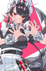  1girl absurdres apron black_hair candy chain collar colored_inner_hair earrings ellen_joe fins fish_tail food frilled_wristband hairband heart heart_hands highres jewelry k_einosuke lollipop lollipop_in_mouth maid maid_apron metal_collar metal_hairband mole mole_under_eye multicolored_hair razor_blade_hair_ornament red_eyes red_hair red_nails scar scar_on_tail shark_girl shark_tail short_hair solo spiked_headband tail zenless_zone_zero 