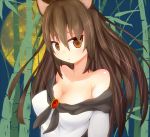  1girl animal_ears bamboo bamboo_forest blush breasts brooch brown_hair cleavage collarbone dress forest full_moon imaizumi_kagerou jewelry large_breasts long_hair looking_at_viewer moon nature open_mouth orange_eyes solo touhou wide_sleeves wolf_ears 