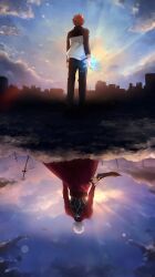  2boys archer_(fate) clouds cloudy_sky coat emiya_shirou fate/stay_night fate/unlimited_blade_works fate_(series) highres jacket kanshou_&amp;_bakuya_(fate) magic male_focus multiple_boys red_coat red_hair sky terarenai unlimited_blade_works_(reality_marble) white_hair 