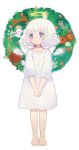  1girl angel_wings anklet ayu_(mog) barefoot blue_eyes christmas_wreath dress flower full_body halo jewelry original short_hair simple_background solo standing v_arms white_background white_hair wings wreath 