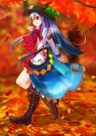  1girl absurdres arms_behind_back autumn autumn_leaves blue_hair boots cross-laced_footwear hat heavy_breathing highres hinanawi_tenshi interlocked_fingers long_hair long_sleeves looking_at_viewer nama_shirasu open_mouth puffy_short_sleeves puffy_sleeves red_eyes scarf shirt short_sleeves skirt solo touhou very_long_hair walking 