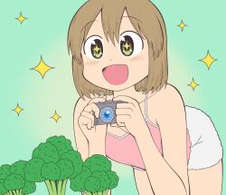  +_+ 1girl absurdres ayumu_niikura blonde_hair blush broccoli camera city_(arawi_keiichi) collarbone digital_camera dokadayo from_below green_background highres holding holding_camera official_style open_mouth pink_shirt scene_reference shirt short_hair shorts smile solo sparkle thighs top-down_bottom-up white_shorts yellow_eyes 