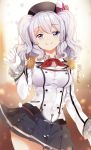  1girl breasts gloves hat kantai_collection kashima_(kantai_collection) large_breasts long_hair military military_uniform miniskirt pleated_skirt shirt shovelwall silver_hair skirt smile solo tareme taut_clothes taut_shirt twintails uniform 
